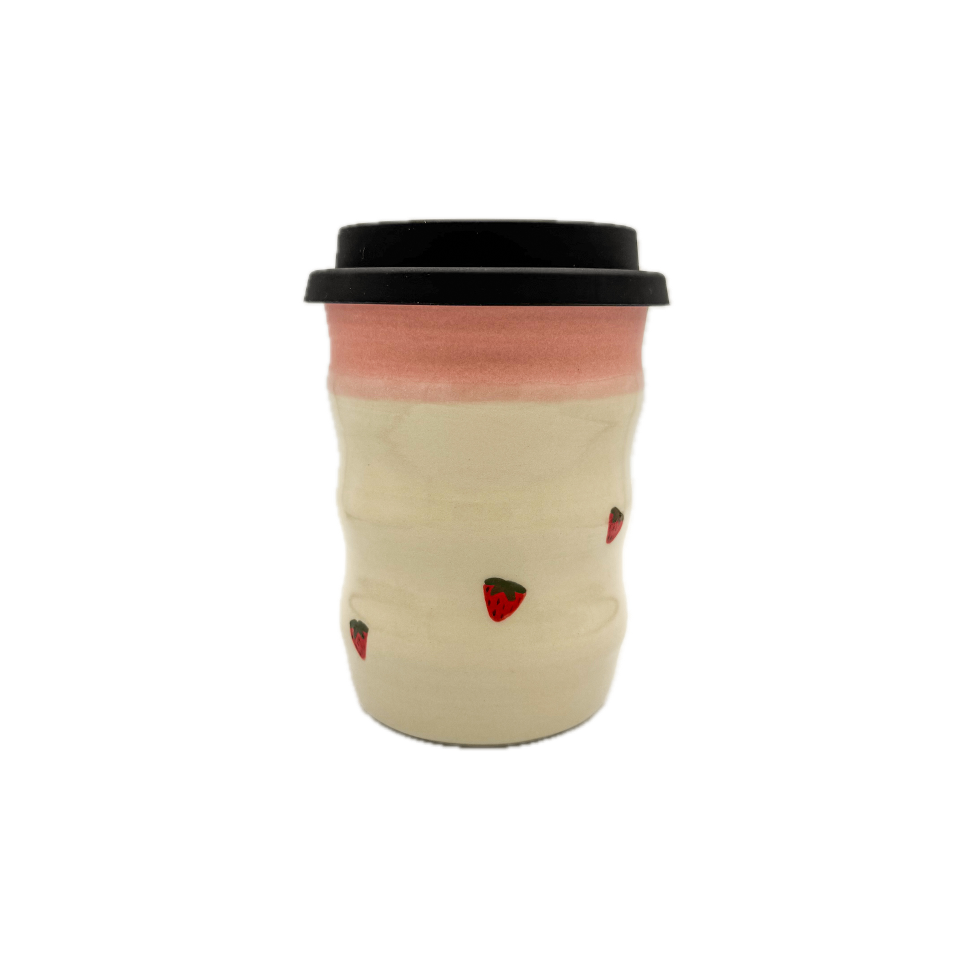 Pastel Pink with Painted Strawberries Travel Mug - Wavy