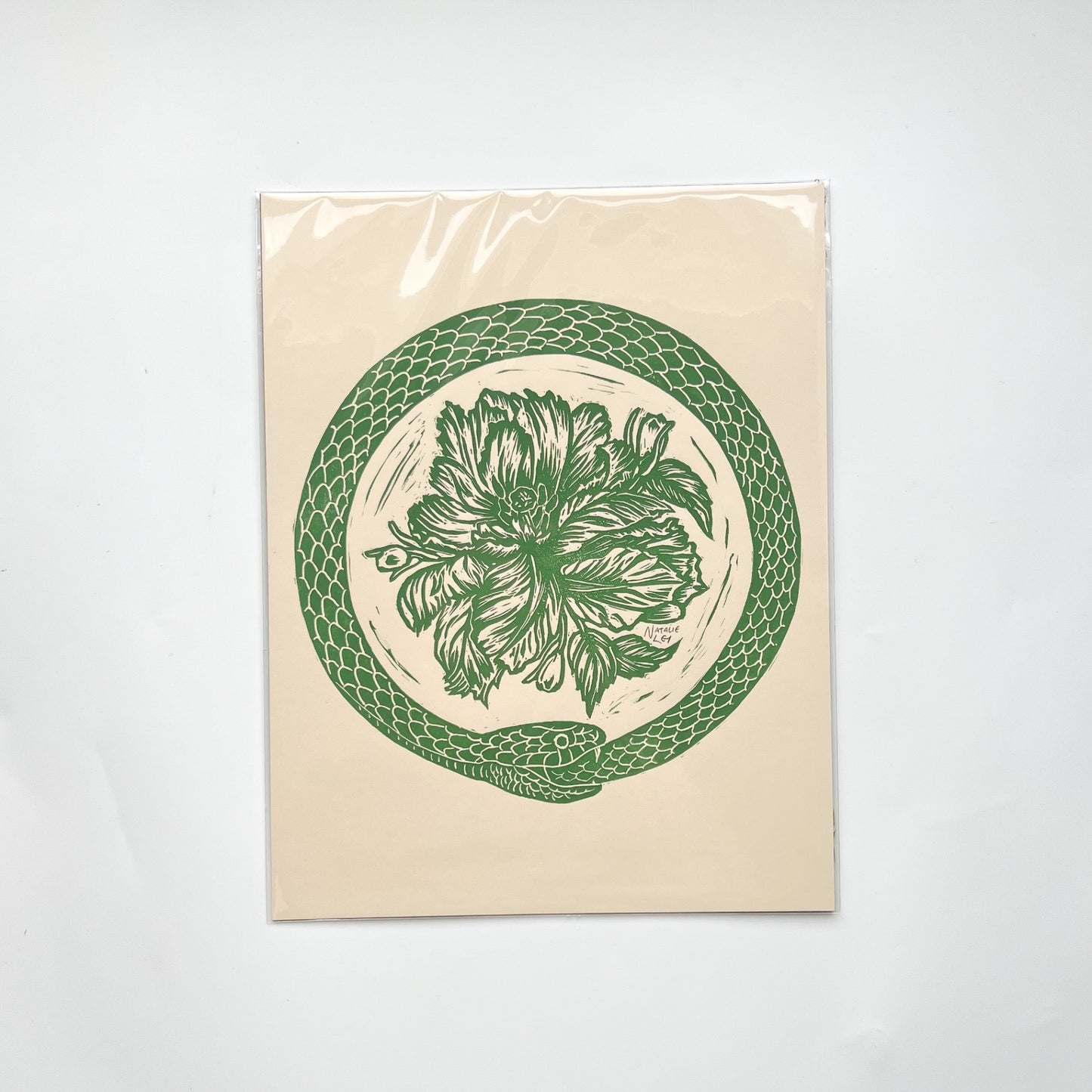 "Snake and Flower" 8.5 x 11 Green on Cream