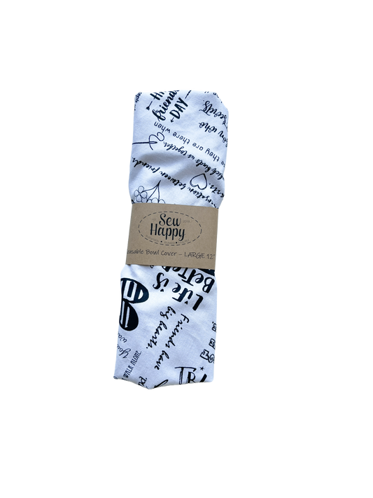Large Reusable Bowl Cover - Black and White Scroll 