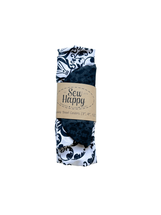 Set of 3 Reusable Bowl Covers - Black and White Damask