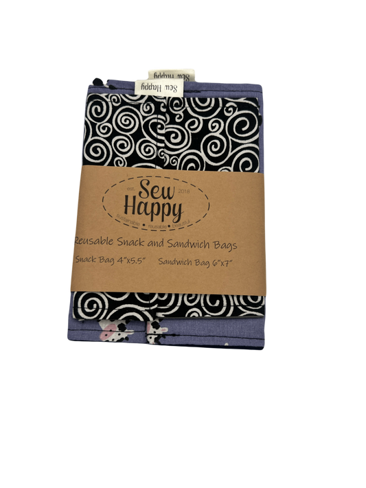 Reusable Snack and Sandwich Bags - White Swirls/ Cows