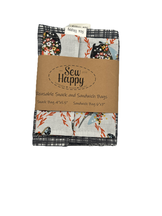 Reusable Snack and Sandwich Bags - Sea Creatures/ Crosshatching